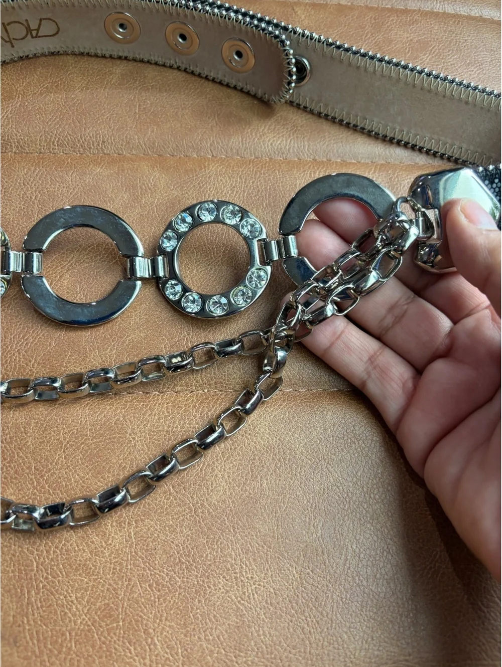 Caché Silver Hoop Ring Belt Layered Chain Rhinestone Y2K